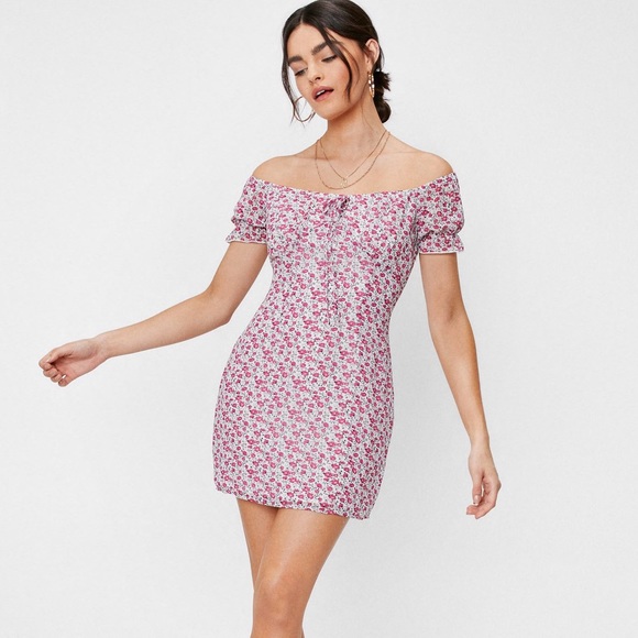 Nasty Gal Ditsy Bardot Cap Sleeve Floral Mini Dress - Picture 2 of 7